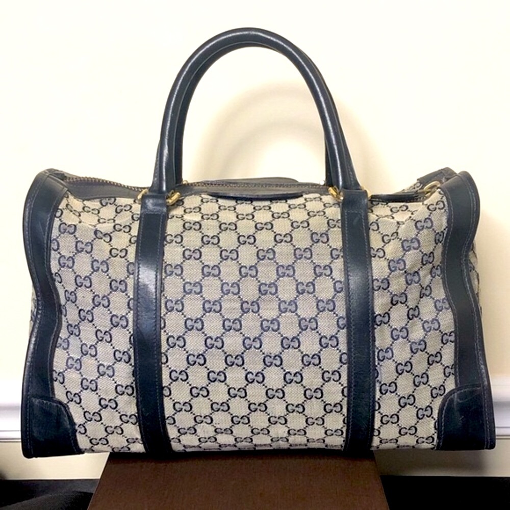 GUCCI Navy GG Monogram Rolled Top Handle Coated Canvas Boston Travel Bag 30cm